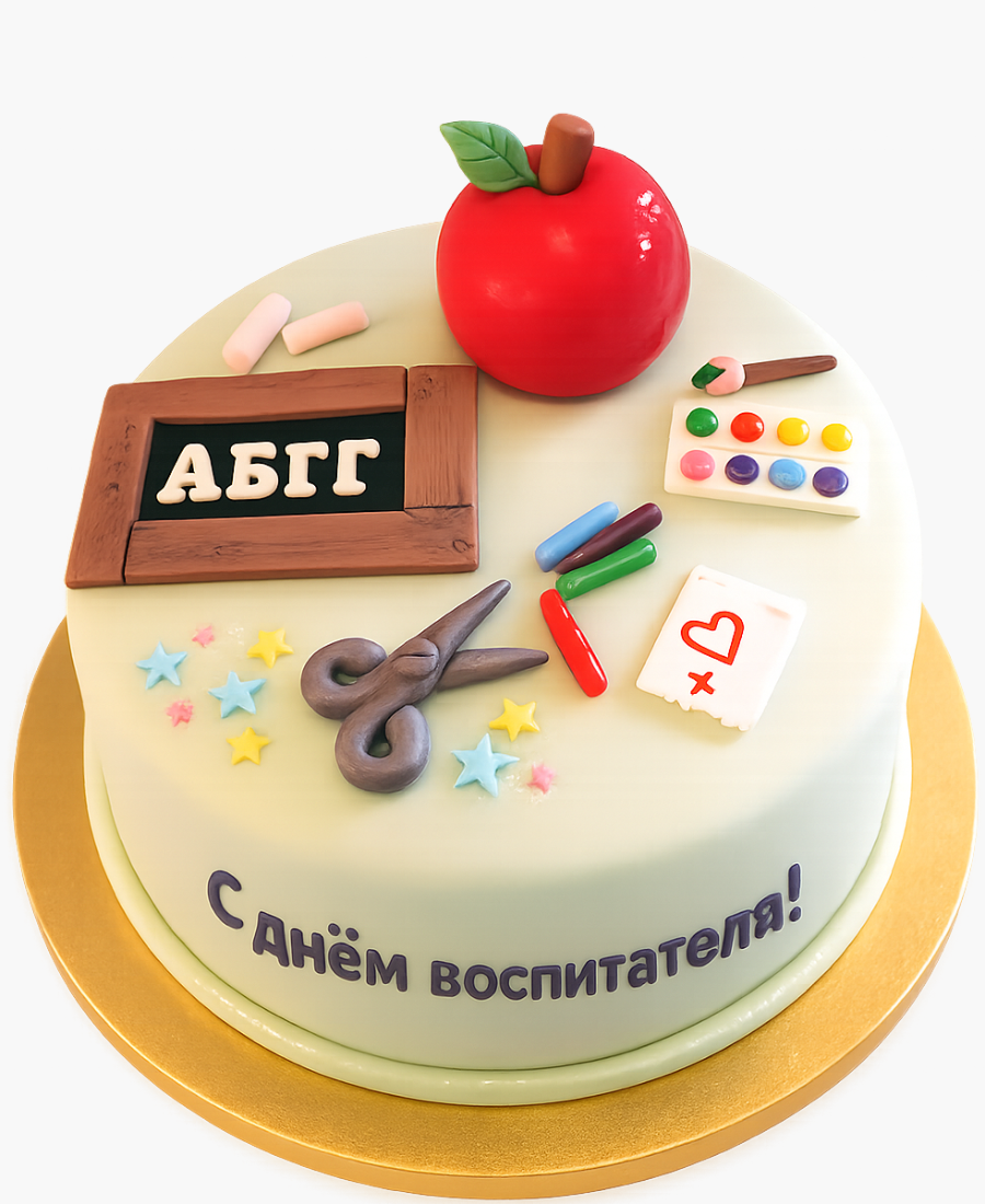 Торт на День воспитателя нежно-зеленый с канцелярией Фото