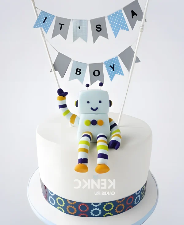 Белый торт с роботом и флажками Фото