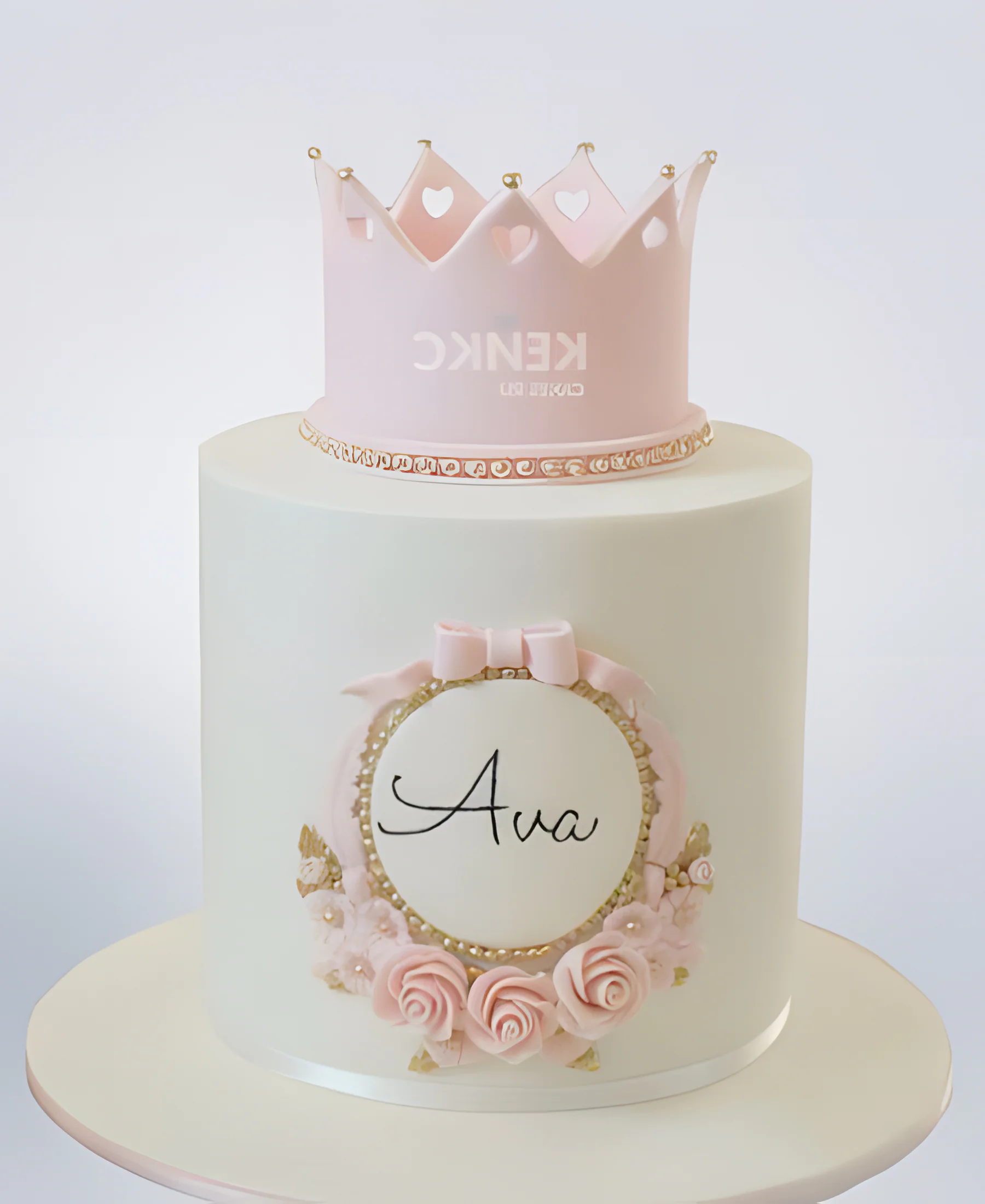 Детский белый торт с розовой короной и цветами Фото