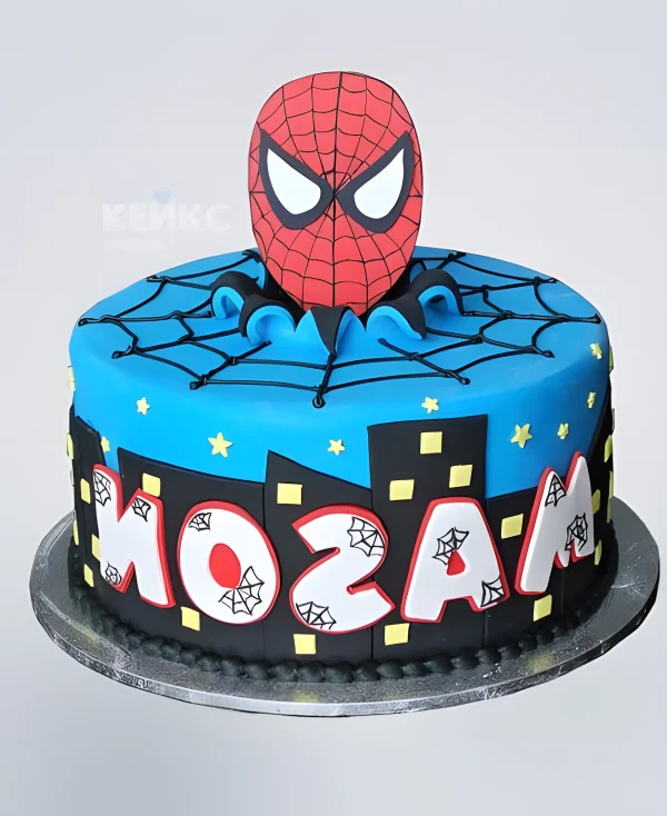Черно-синий торт с маской Человека паука Фото