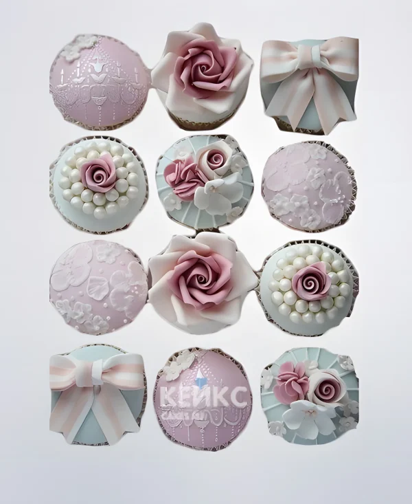 Капкейки с нежно-розовыми цветочками и бантиками для мамы Фото