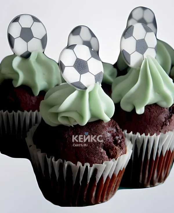 Капкейки футбол с зеленым кремом и мячами Фото