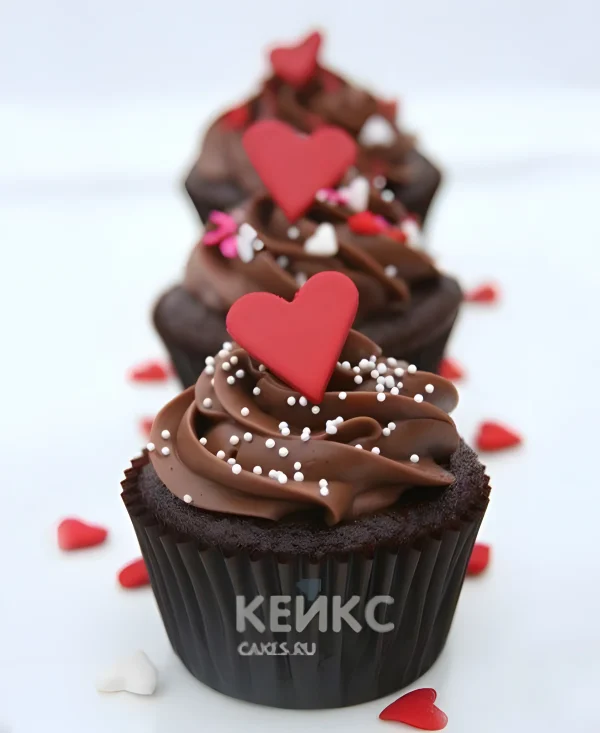 Капкейки с коричневым кремом и сердечками на 14 февраля Фото