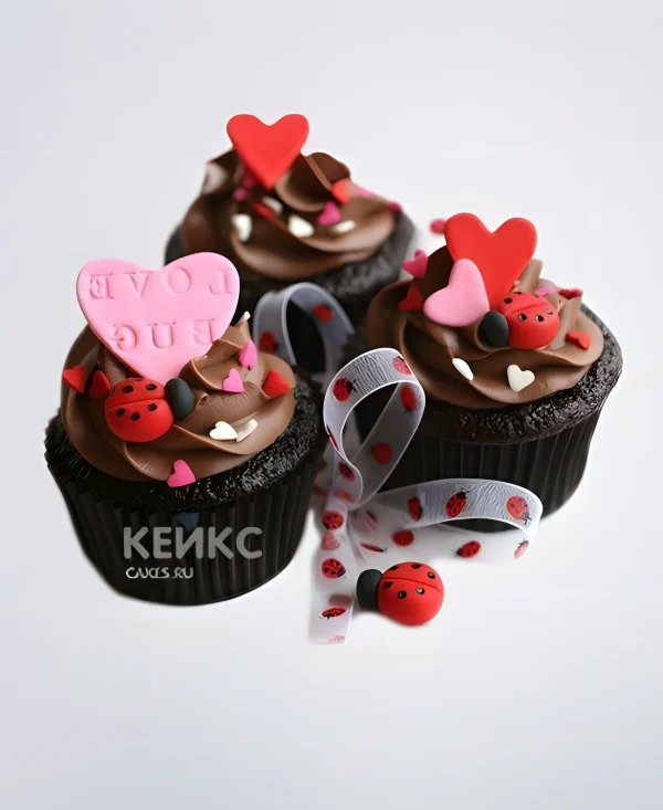 Капкейки на день святого Валентина с сердечками и божьими коровками Фото