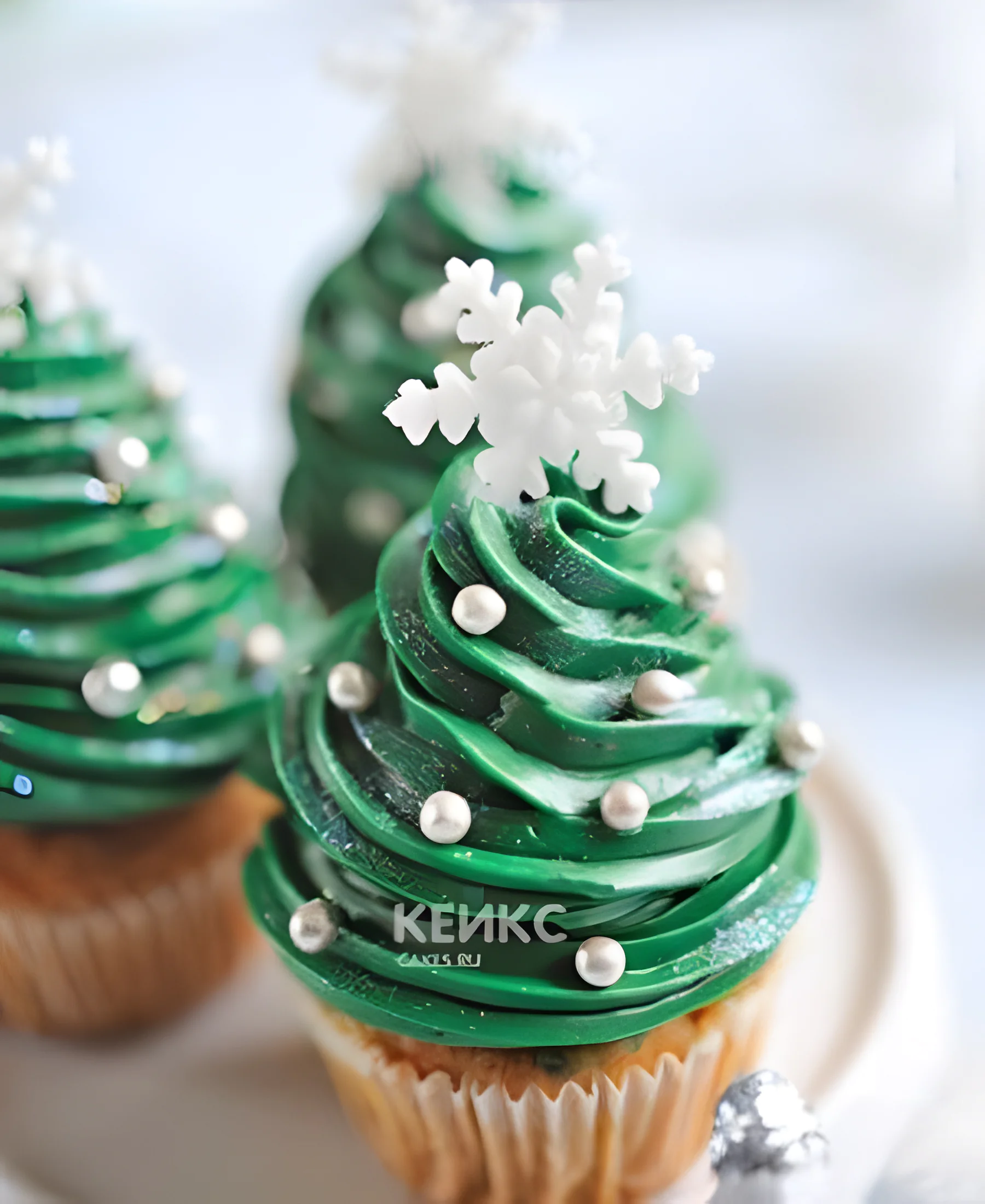 Капкейки на новый год с зеленым кремом и снежинками Фото
