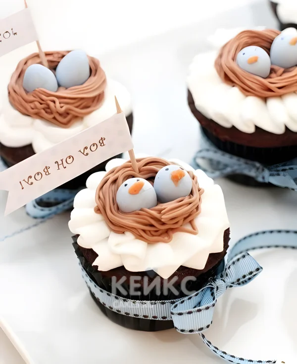 Капкейки с птичками в гнездах на выписку из роддома Фото