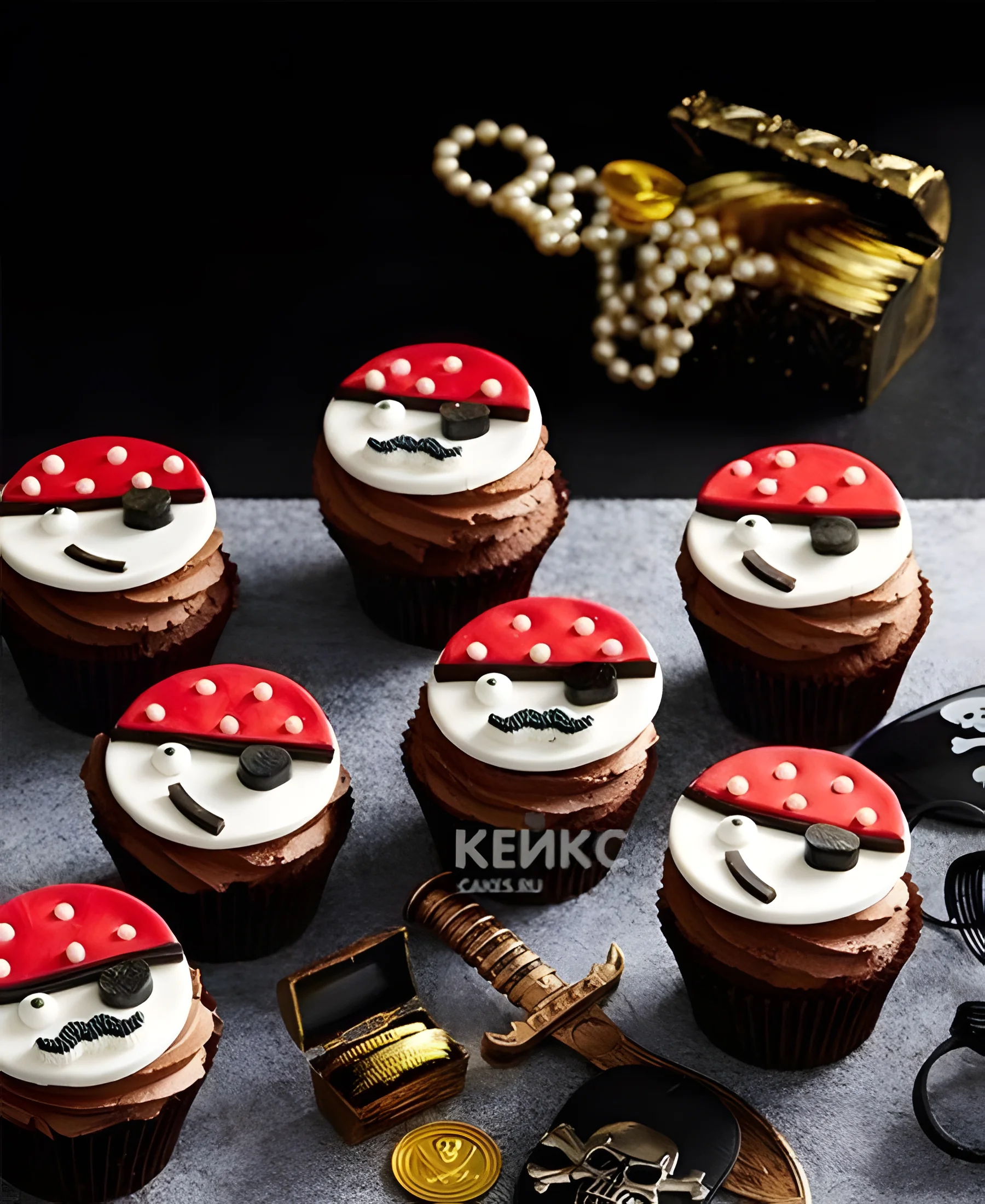 Капкейки красно-белого цвета в пиратском стиле Фото