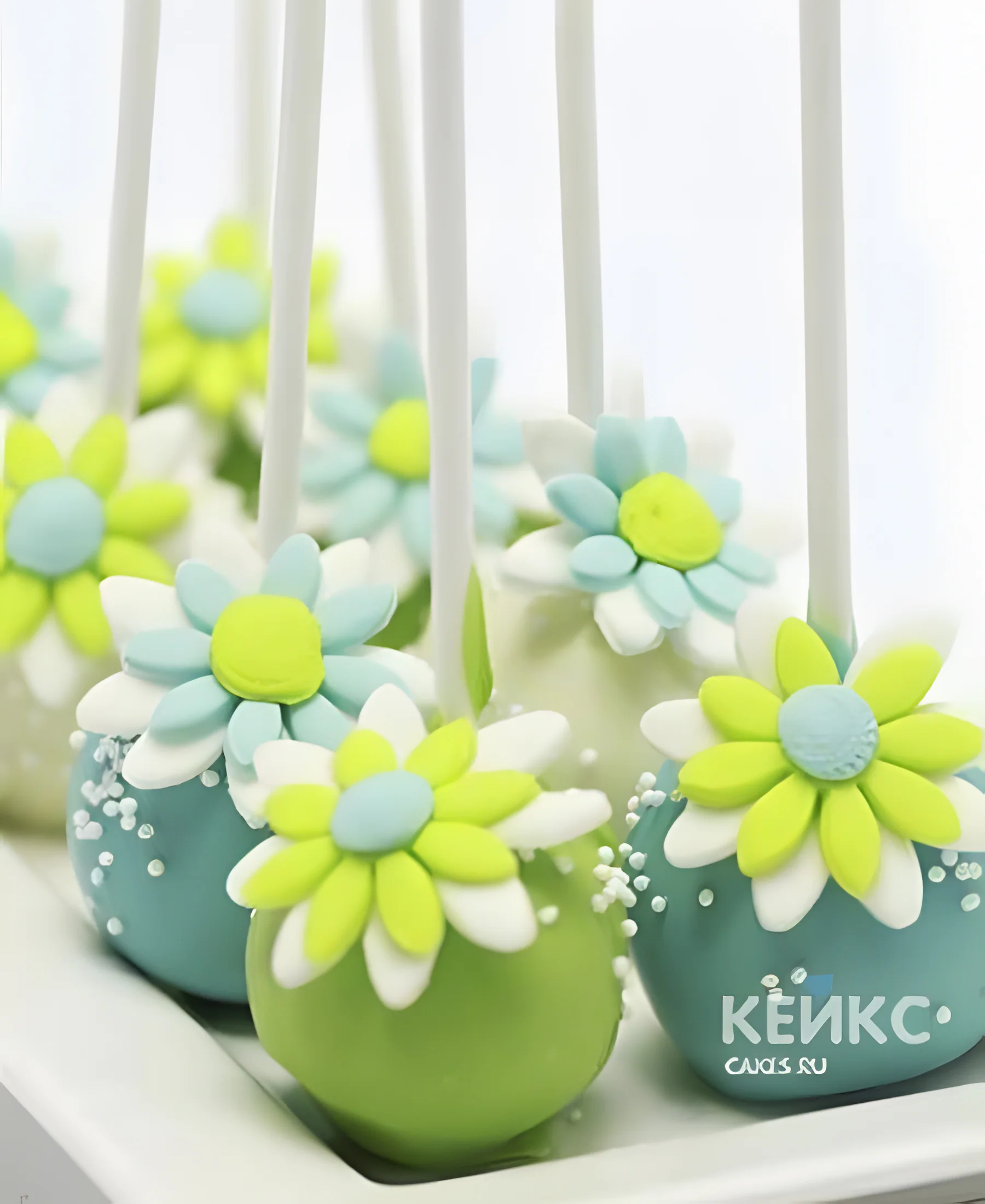 Капкейки кейк попсы с зелеными и голубыми цветами Фото