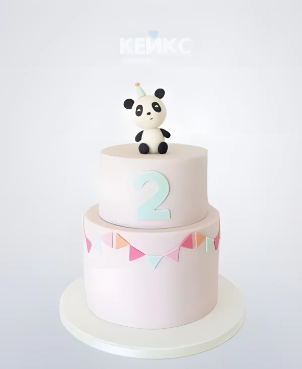 Розовый торт с фигуркой Панды в колпаке Фото