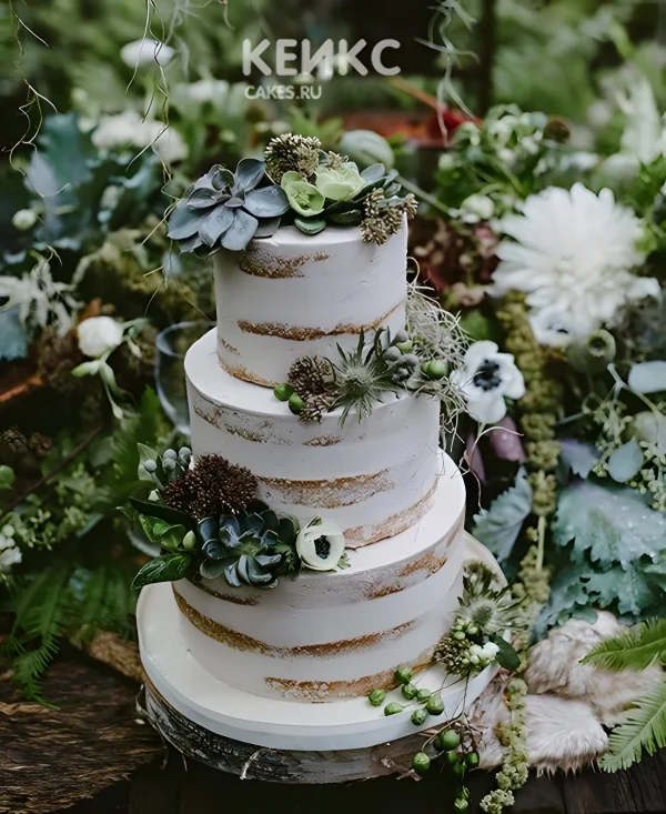 Голый свадебный торт с цветами и листьями Фото