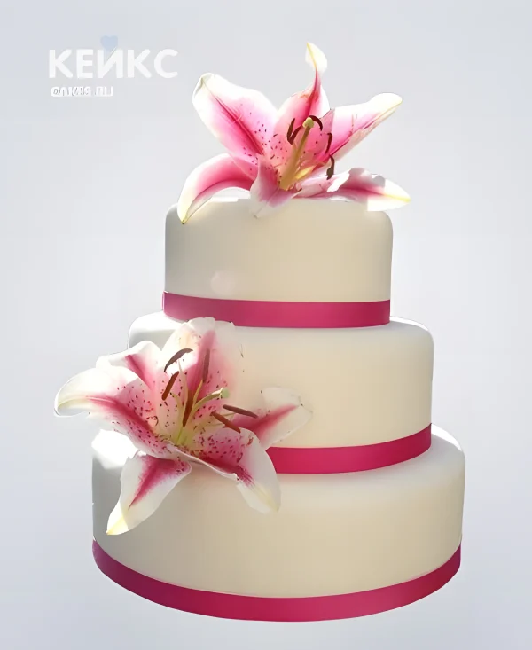 Бело-розовый свадебный торт с розовыми лентами и лилиями Фото