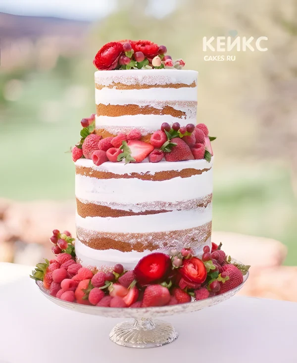 Маленький свадебный торт с красными цветами и ягодами Фото