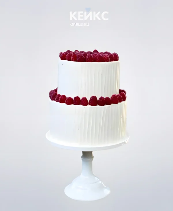 Маленький белый свадебный торт с ягодами малины Фото