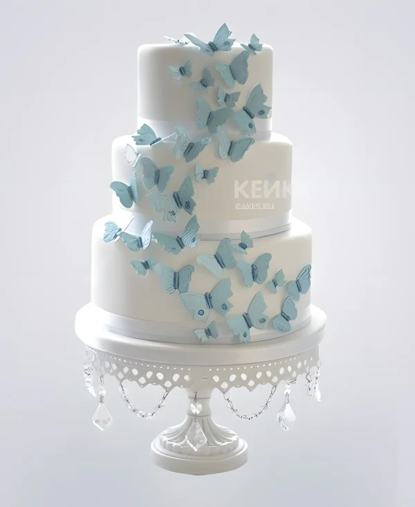 Свадебный торт белый с голубыми бабочками Фото