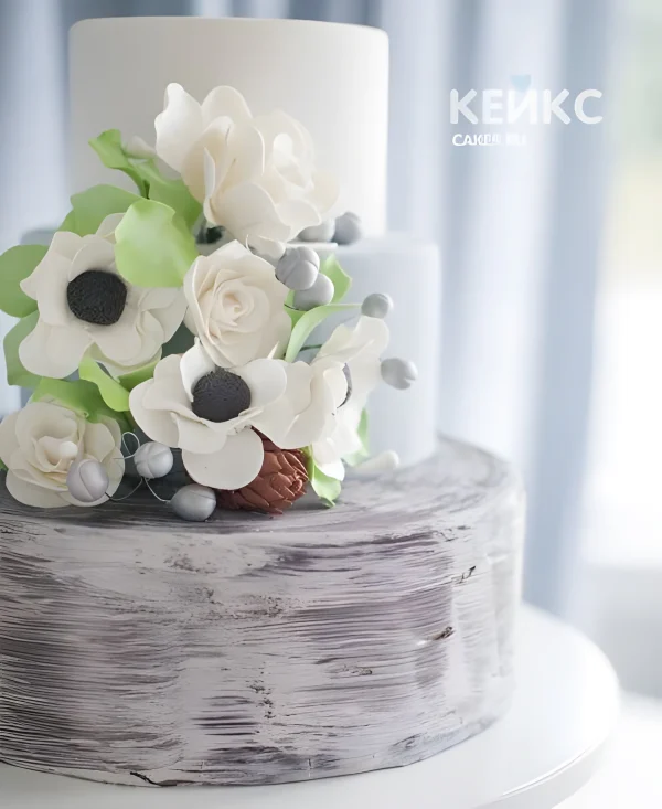 Свадебный торт с белыми цветами и листочками Фото