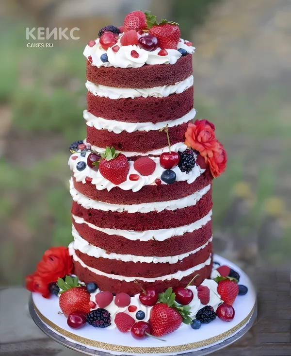 Торт с голыми коржами, Вишней, клубникой, малиной, голубикой Фото