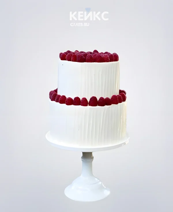 Свадебный торт белого цвета с малиной и двумя ярусами Фото