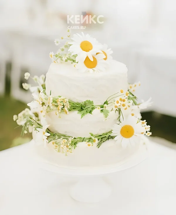 Свадебный торт украшенный большими и маленькими живыми ромашками Фото