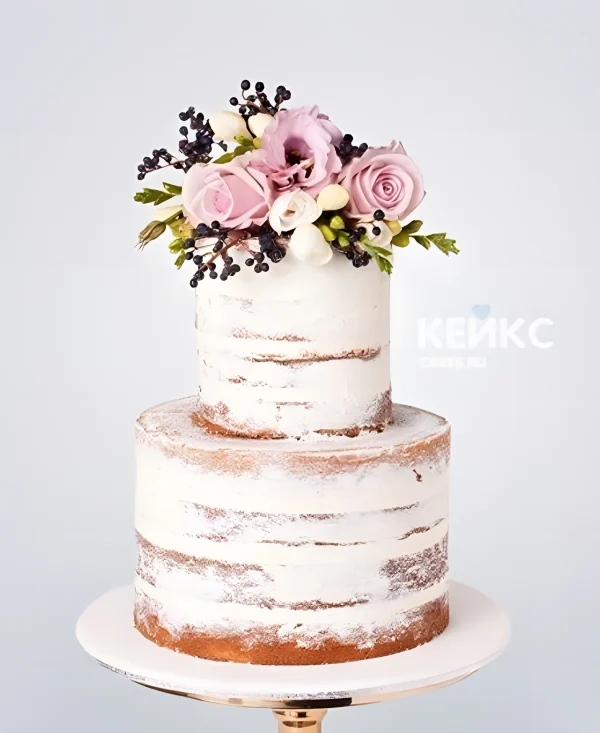 Свадебный торт с розами и открытыми коржами Фото