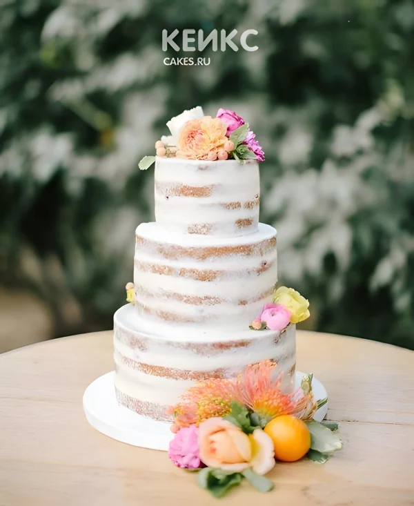 Свадебный торт с живыми яркими розово-оранжевыми цветами Фото