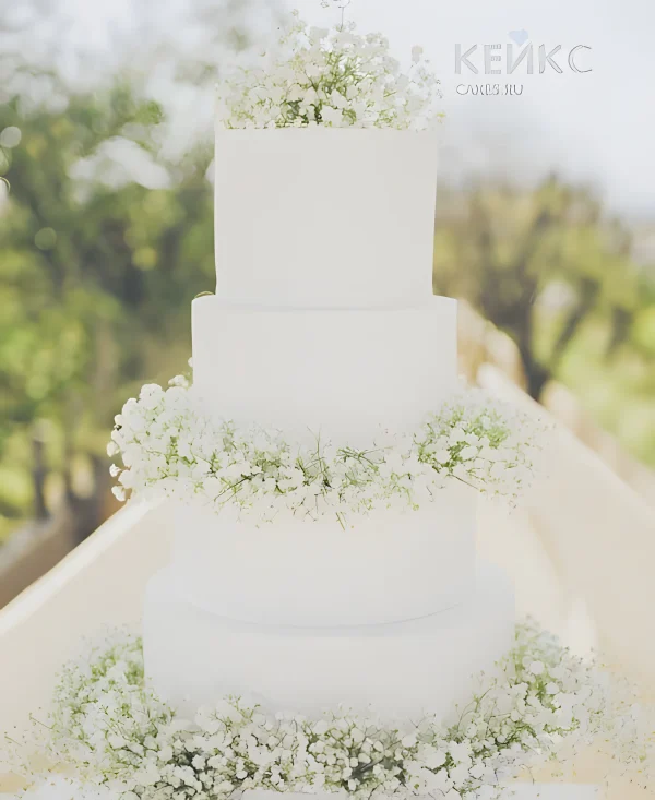 Белый свадебный торт с гипсофилой на четыре яруса Фото