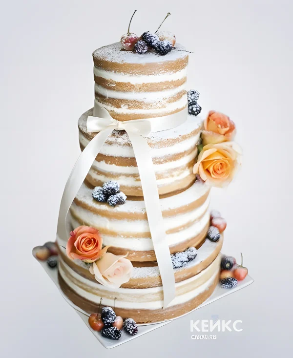 Свадебный торт с живыми цветами и белым бантиком Фото