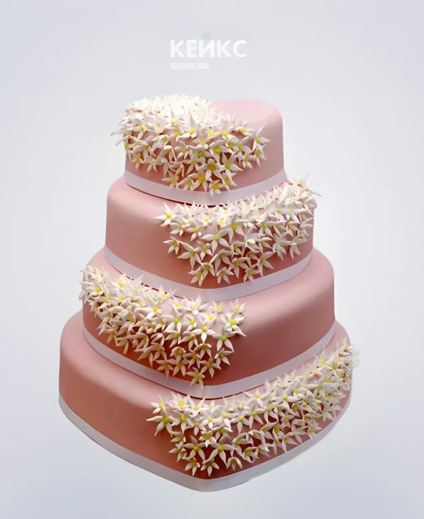 Свадебный торт сердце в розовых тонах с мелкими цветочками Фото