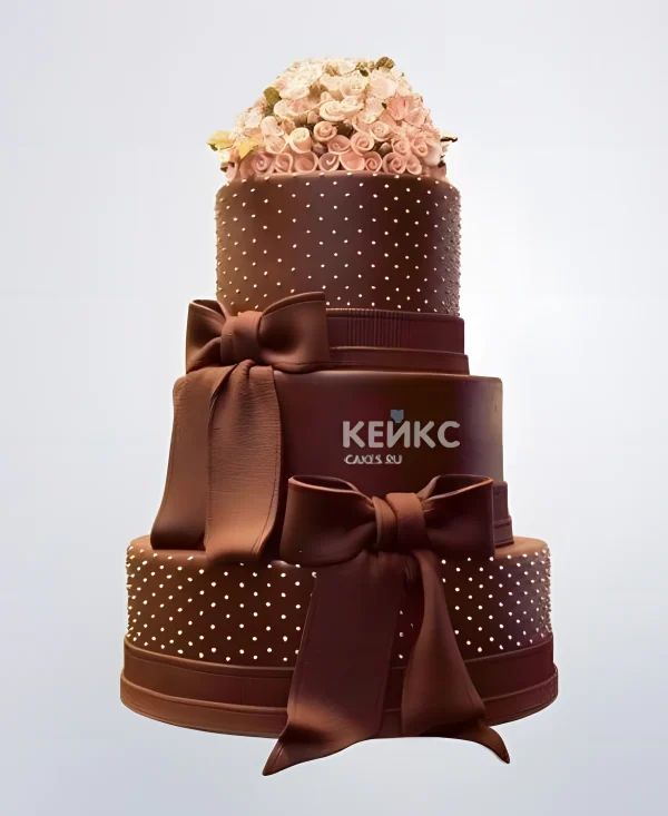 Шоколадный свадебный торт с цветами и бантами Фото