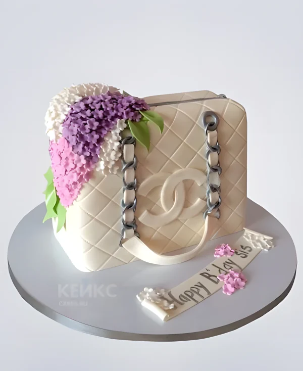 Торт дамская сумочка Шанель с цветами Фото