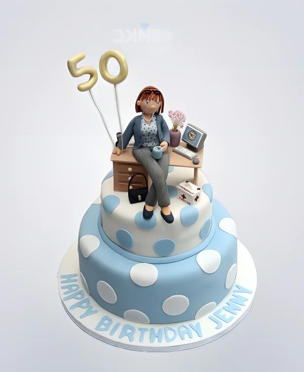 Торт бухгалтеру бело-голубой в горошек с фигуркой Фото