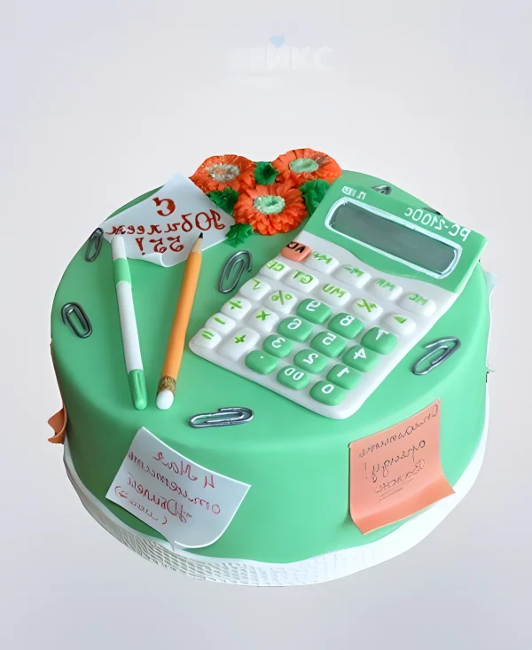 Торт бухгалтеру зеленый с калькулятором Фото