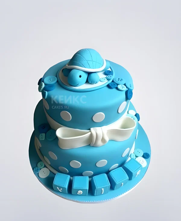 Синий торт с фигуркой черепашки и белым бантом Фото