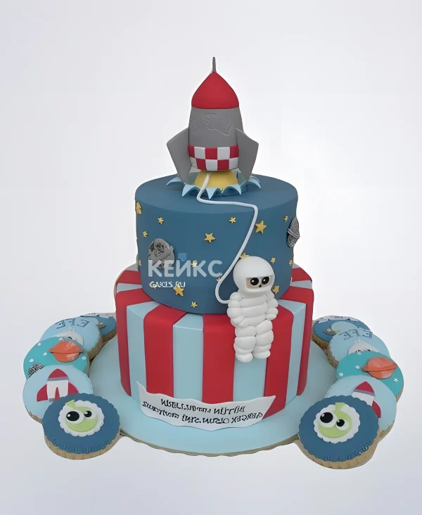 Торт ракета с космонавтом и красными полосками Фото