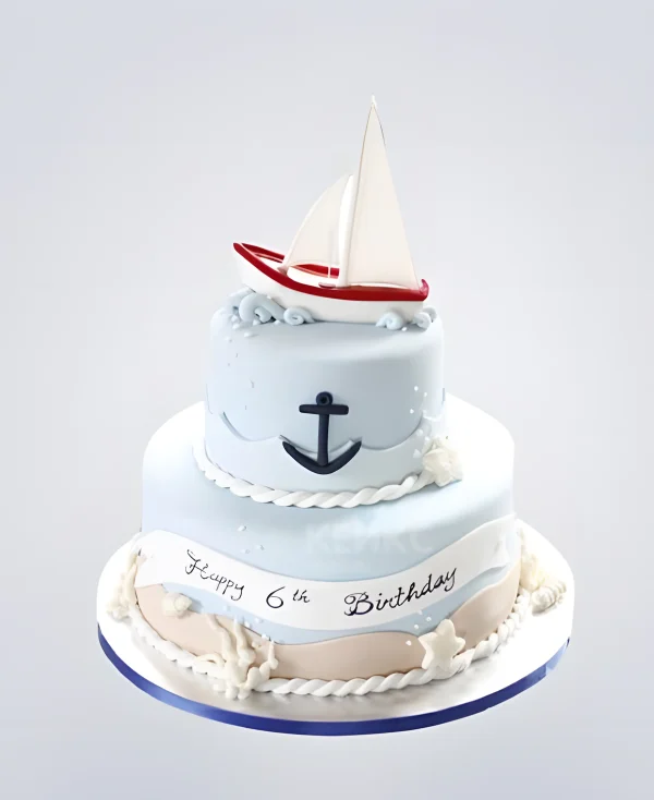 Нежно-голубой торт с ракушками и корабликом Фото