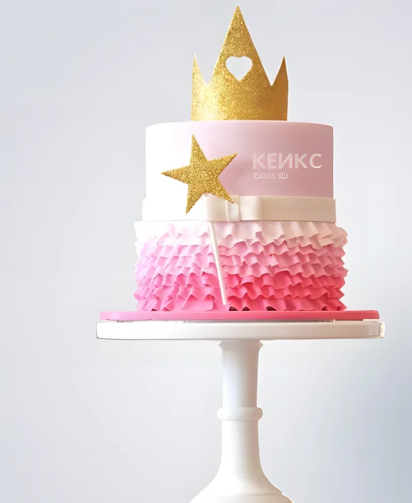 Розовый торт с золотой короной и волшебной палочкой Фото