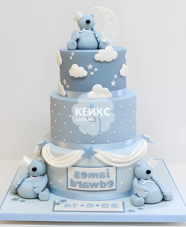 Торт голубого цвета с медведями и облаками Фото