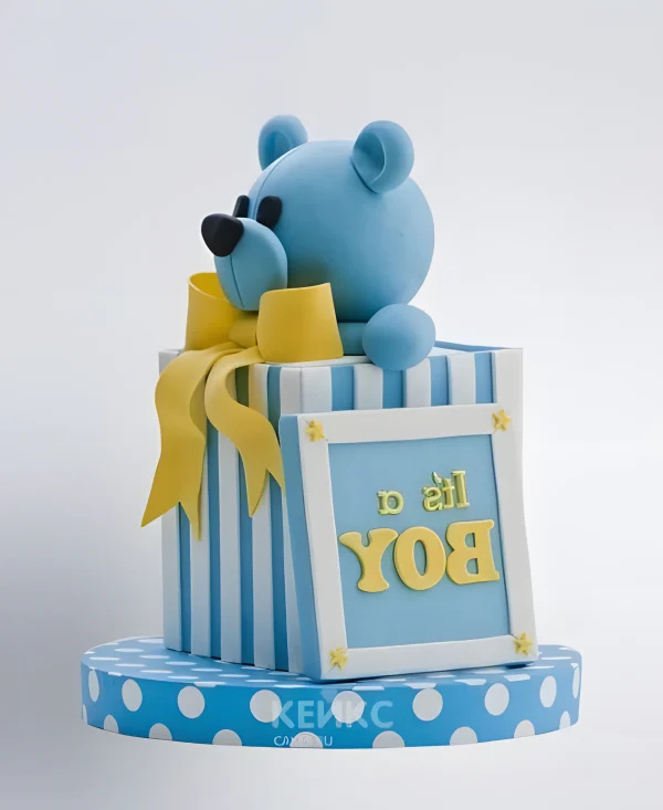 Торт медведь голубого цвета с бантиком Фото