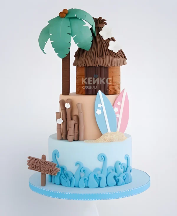 Торт в морском стиле с хижиной и пальмой Фото