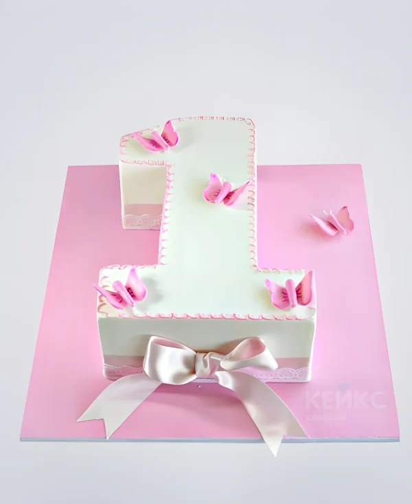 Торт в виде цифры 1 с розовыми бабочками Фото