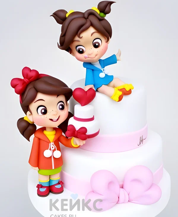 Торт с фигурками девочек и розовым бантом Фото