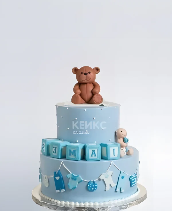 Голубой торт с Медведем и кубиками Фото
