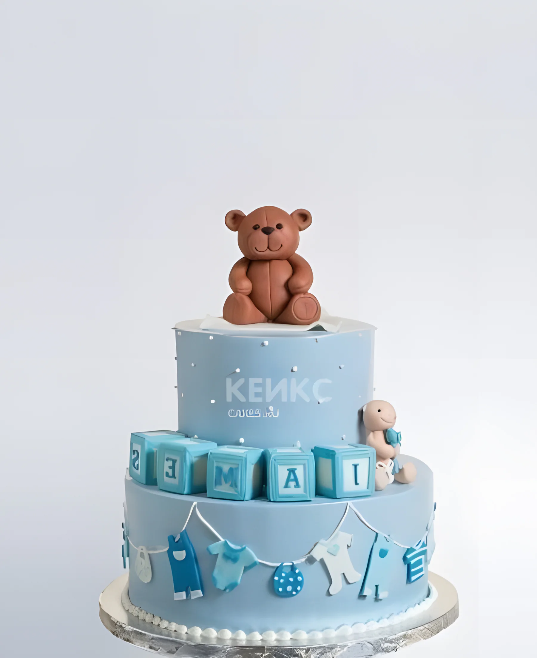 Голубой торт с Медведем и кубиками Фото