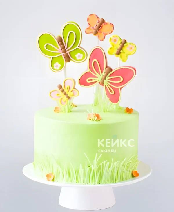 Торт украшенный разноцветными бабочками Фото