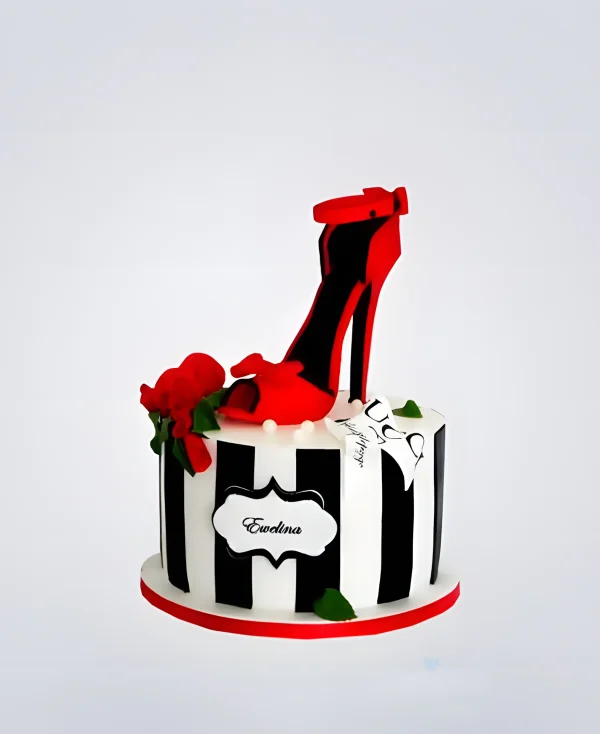 Торт в полоску с красной туфелькой Фото