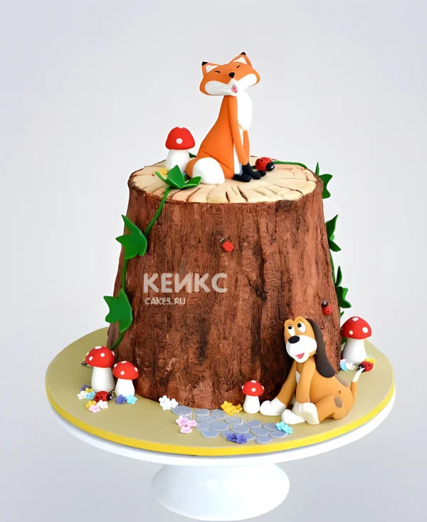 Торт  в виде пенька с мухоморами Фото