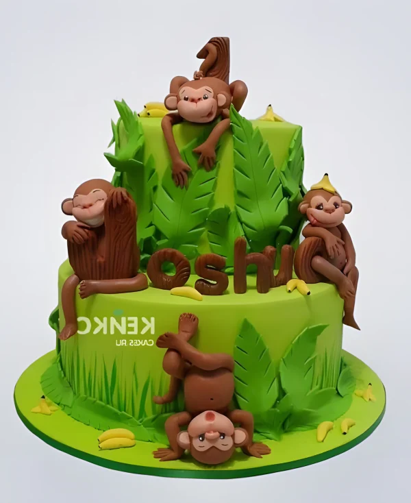 Торт зеленого цвета с обезьянками Фото