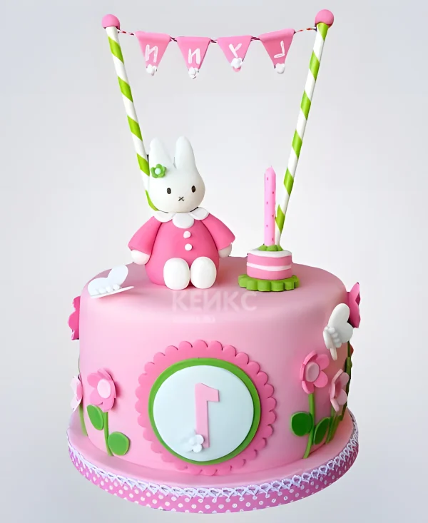 Торт бело-розовый с цифрой и фигуркой зайки Фото