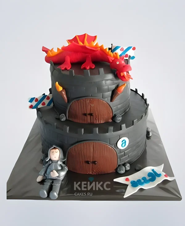 Торт в виде крепости с драконом и рыцарем Фото