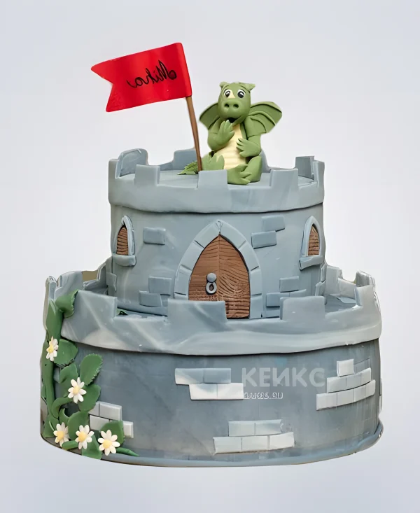 Торт в виде двухэтажной крепости с драконом Фото