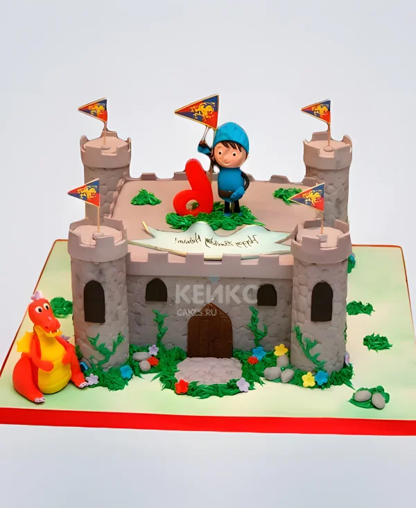 Торт в виде крепости с драконом и рыцарем с цифрой Фото